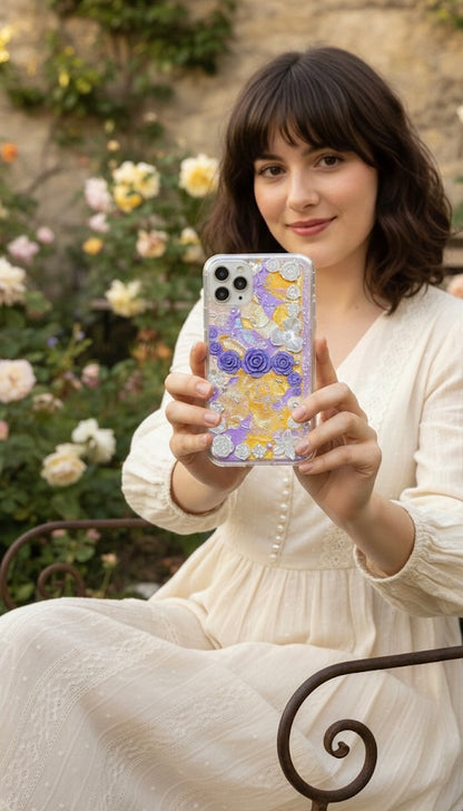 Handmade 3D Purple Rose & Gold Glitter Decoden Phone Case