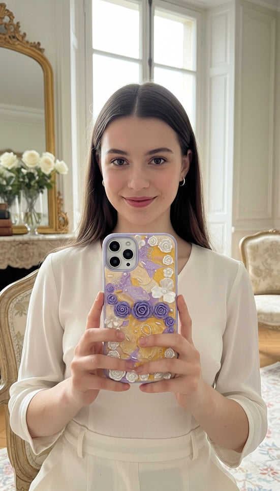 Handmade 3D Purple Rose & Gold Glitter Decoden Phone Case