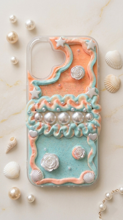 Handmade Peach & Mint Decoden Case: Dreamy Mermaid Pearls