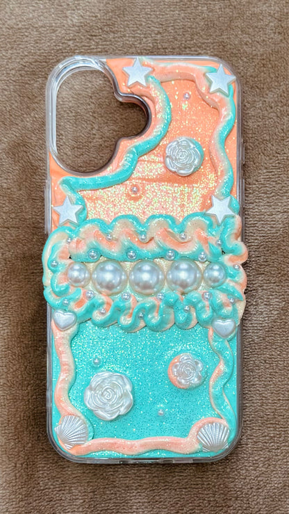 Handmade Peach & Mint Decoden Case: Dreamy Mermaid Pearls