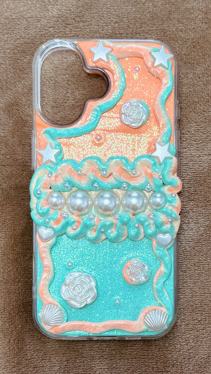 Handmade Peach & Mint Decoden Case: Dreamy Mermaid Pearls