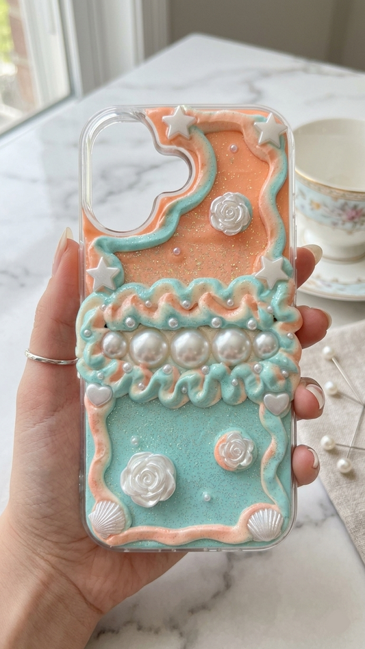 Handmade Peach & Mint Decoden Case: Dreamy Mermaid Pearls