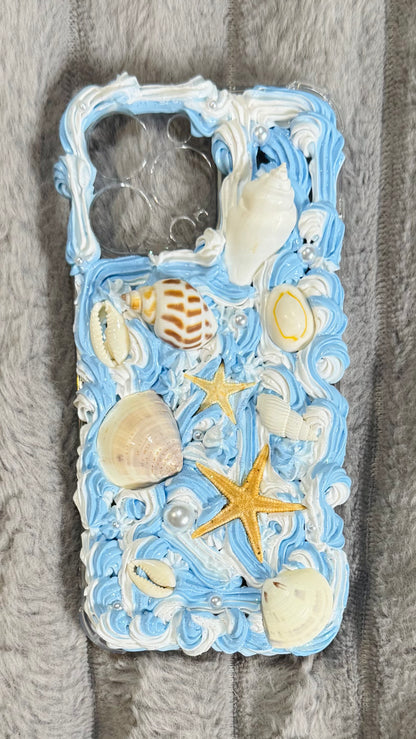 Handmade Blue & White Ocean-Inspired Whipped Cream Phone Case 🐚🌊