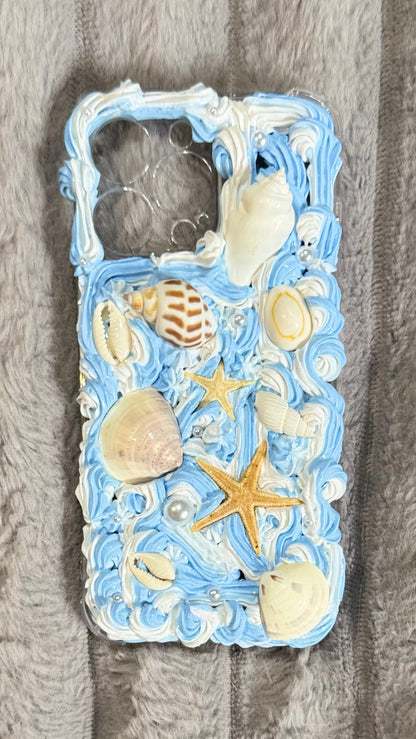 Handmade Blue & White Ocean-Inspired Whipped Cream Phone Case 🐚🌊