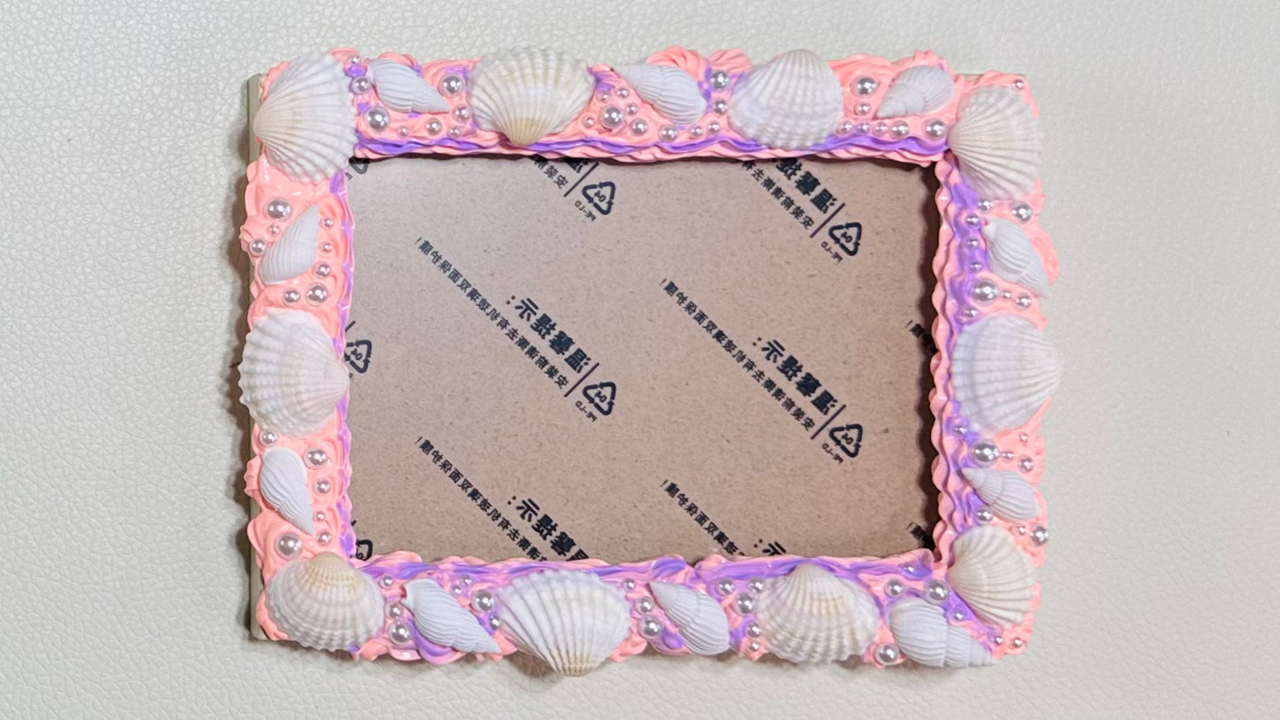 Handcrafted Pearl & Shell Frame – Pastel Lilac Creamcore Wooden Photo Frame