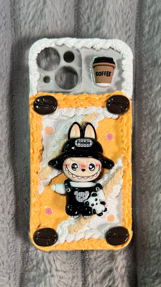 Handmade Labubu Panda Coffee Decoden Phone Case | Custom 3D Whipped Cream Art Toy Case