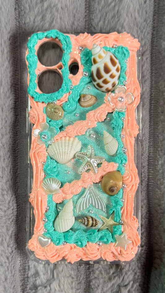Handmade Coral & Turquoise Seashell Phone Case | Beach-Inspired Custom Creations for Your Device