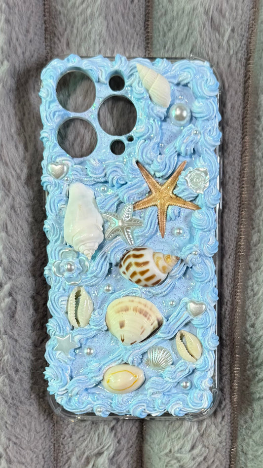 Handmade Ocean-Themed Whipped Cream Phone Case with Real Seashells & Starfish | Custom 3D Design