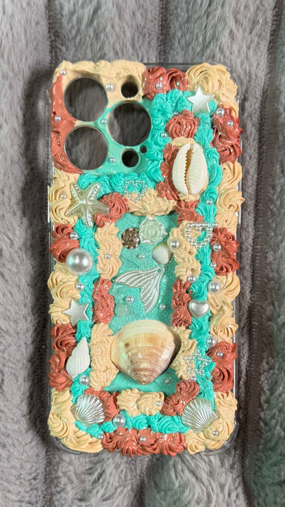 Handmade Ocean Theme Whipped Cream Phone Case – Seashells, Pearls & Mermaid Charm