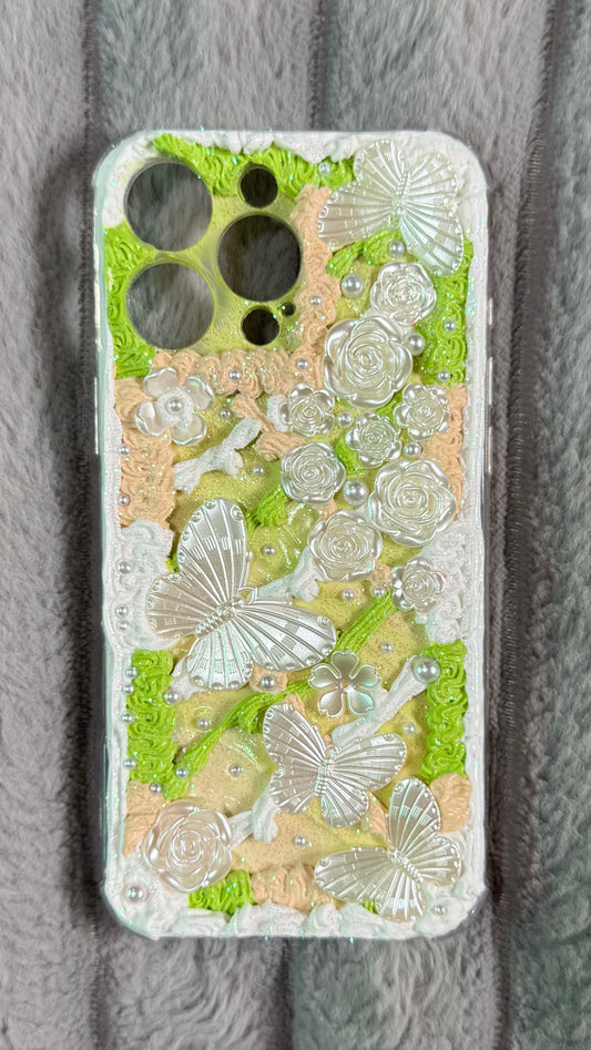Handmade 3D Whipped Cream Floral Butterfly Phone Case – Pastel Green & Pearl White