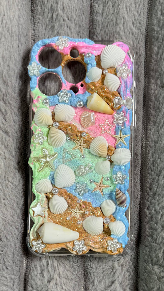 🌊 Mermaid Fantasy Seashell Cream Glue Phone Case – Handmade Ocean Vibes