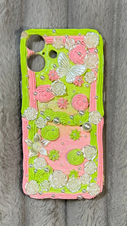 🌸 Pastel Garden Cream Glue Phone Case – Handmade Floral 3D Art with Pearls & Butterfly