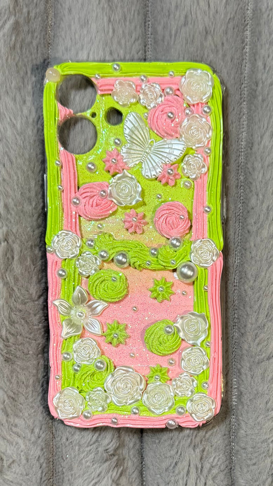 🌸 Pastel Garden Cream Glue Phone Case – Handmade Floral 3D Art with Pearls & Butterfly