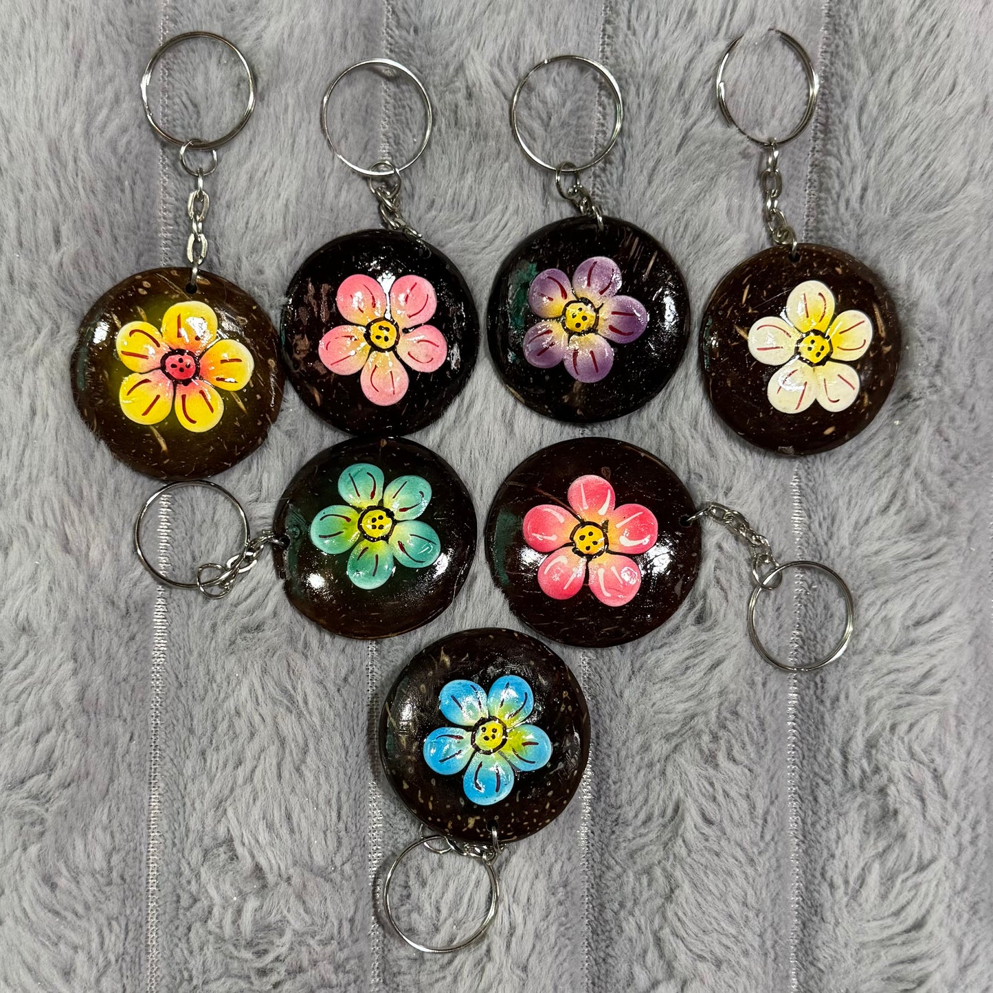 Hand-Painted Coconut Shell Flower Keychains 001