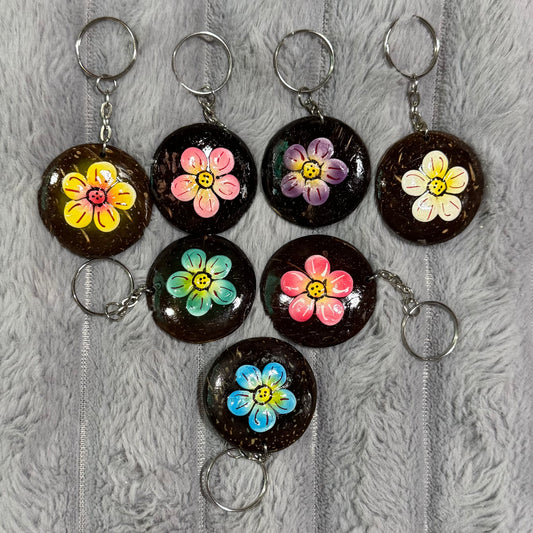 Hand-Painted Coconut Shell Flower Keychains 001