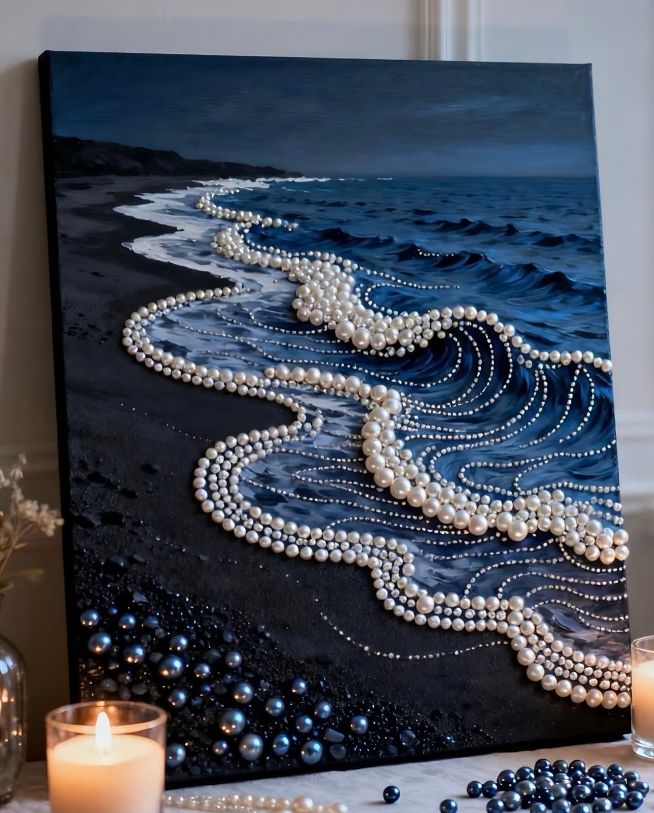 Luxury 3D Pearl Wave Relief Art: Coastal Chic Decor