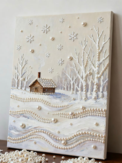 3D Pearl Relief Art: Winter Cabin Snowscape Canvas