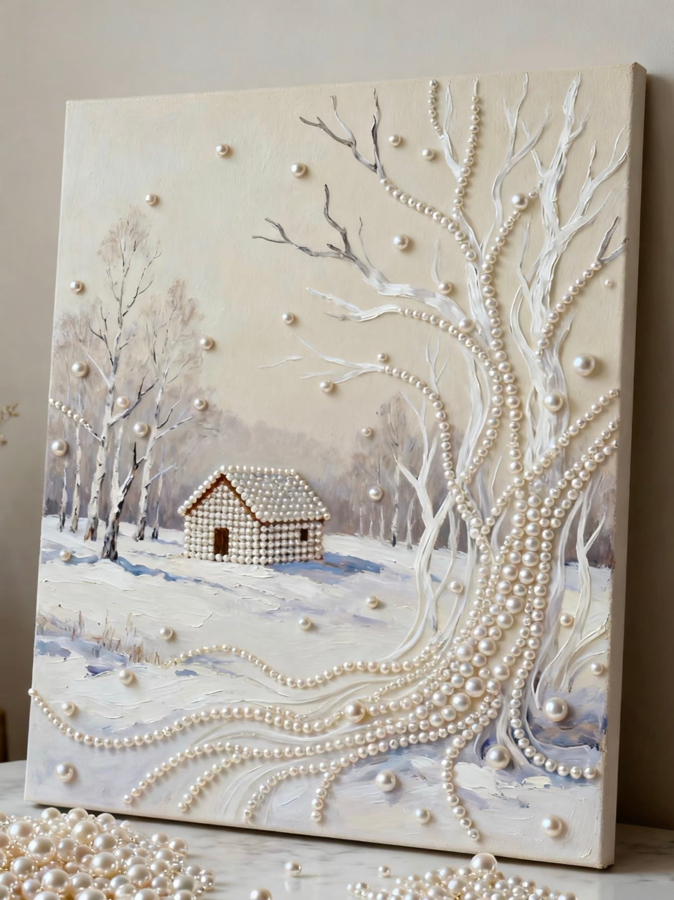 3D Pearl Relief Art: Winter Cabin Snowscape Canvas