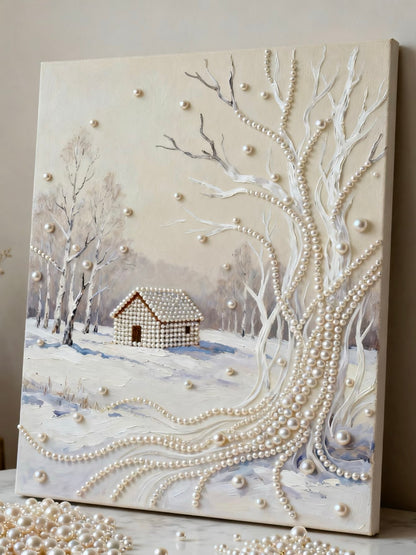 3D Pearl Relief Art: Winter Cabin Snowscape Canvas
