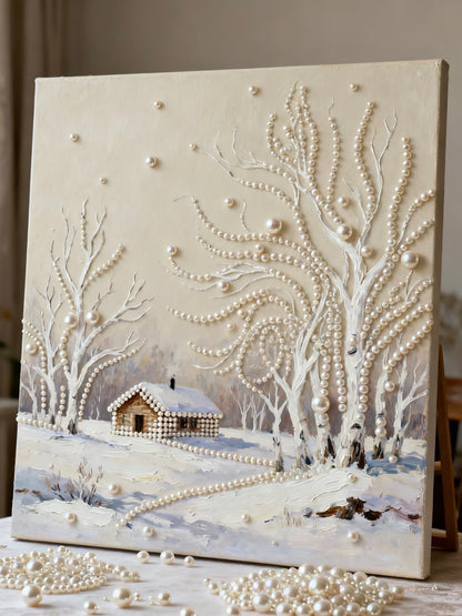 3D Pearl Relief Art: Winter Cabin Snowscape Canvas