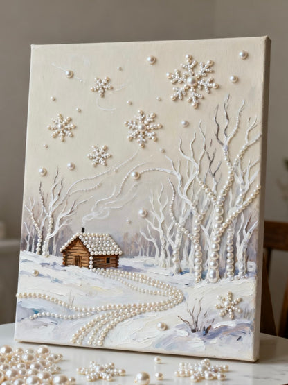 3D Pearl Relief Art: Winter Cabin Snowscape Canvas