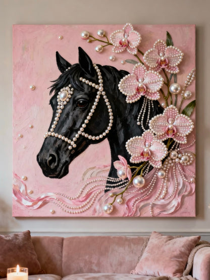 Handcrafted 3D Pearl Relief Art: Horse & Pink Orchids