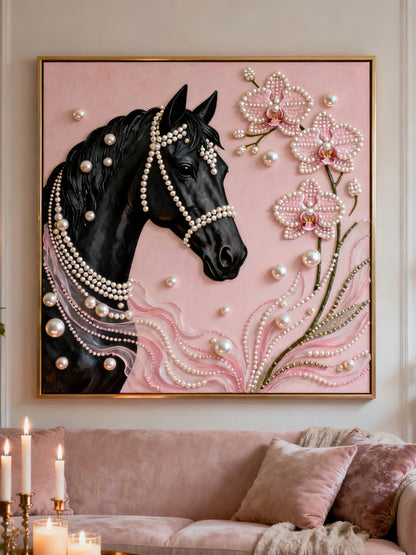 Handcrafted 3D Pearl Relief Art: Horse & Pink Orchids
