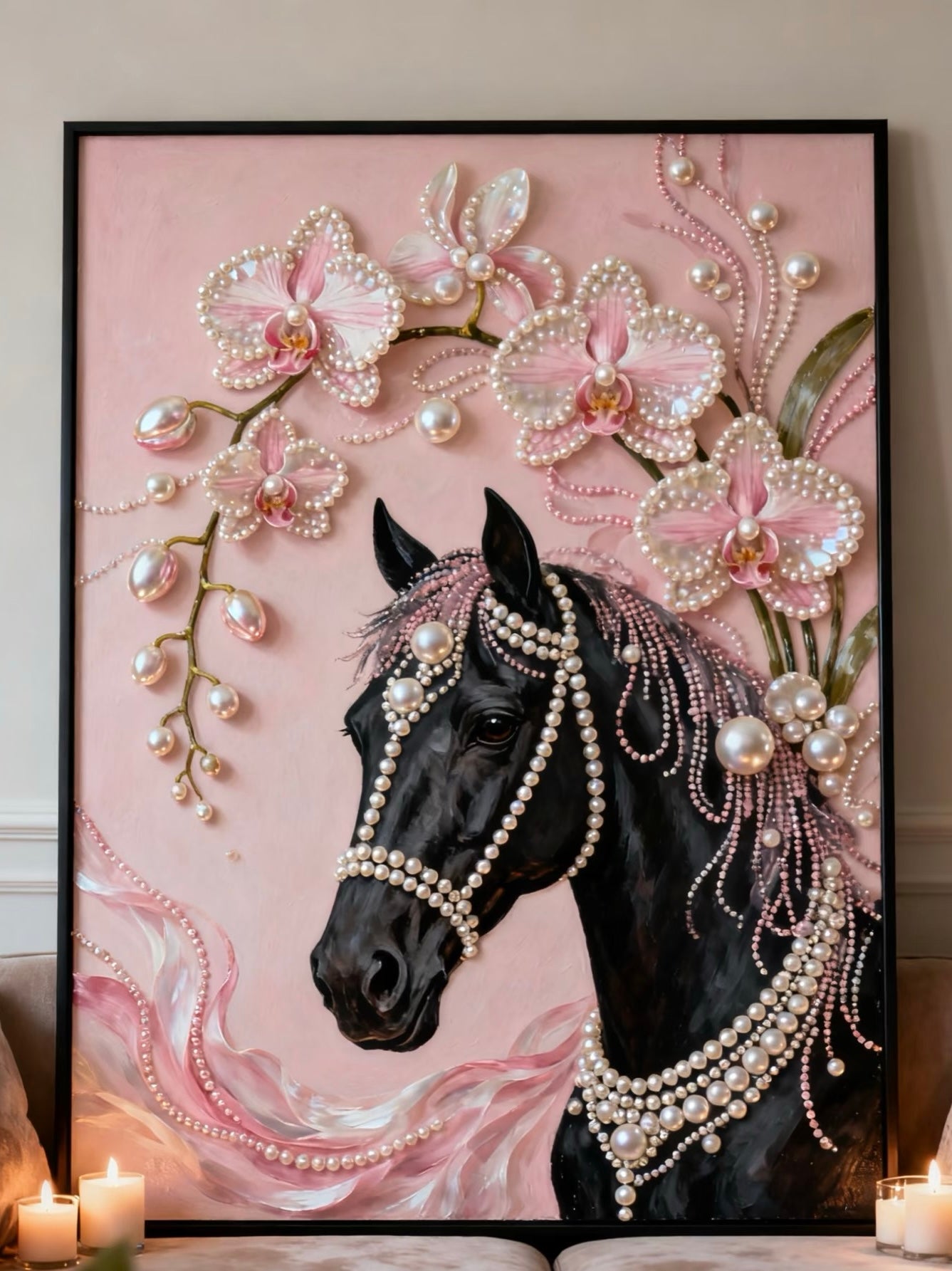Handcrafted 3D Pearl Relief Art: Horse & Pink Orchids
