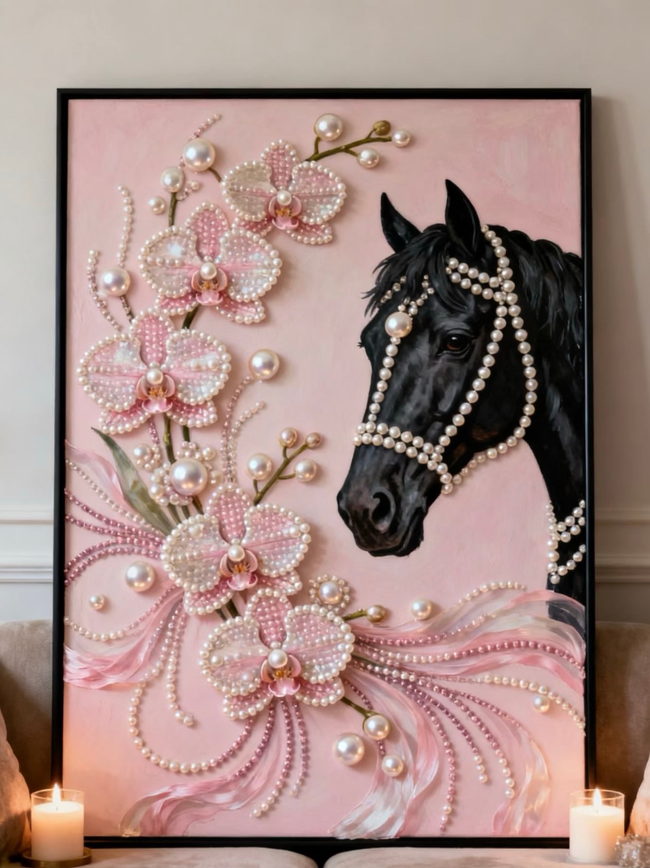 Handcrafted 3D Pearl Relief Art: Horse & Pink Orchids