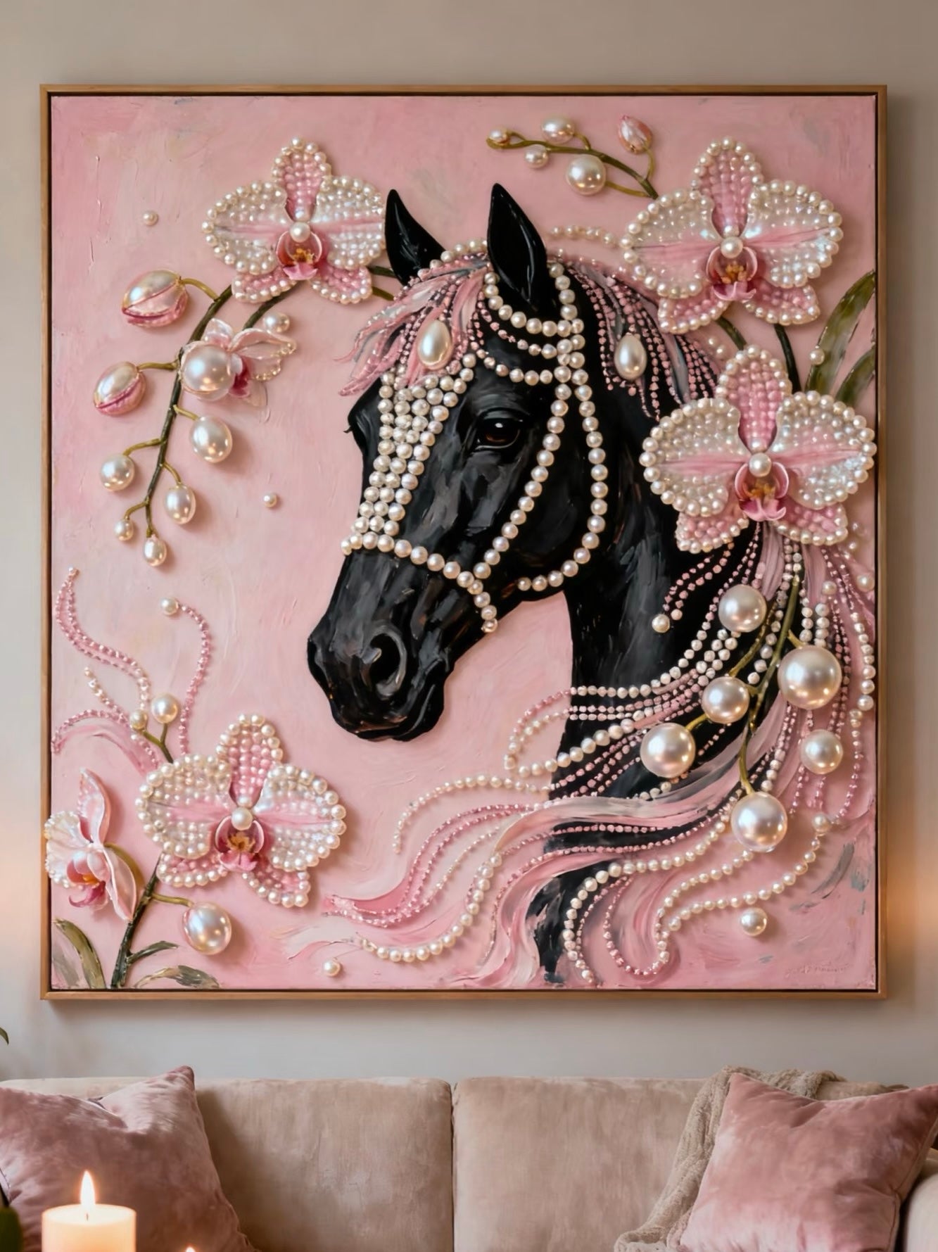 Handcrafted 3D Pearl Relief Art: Horse & Pink Orchids