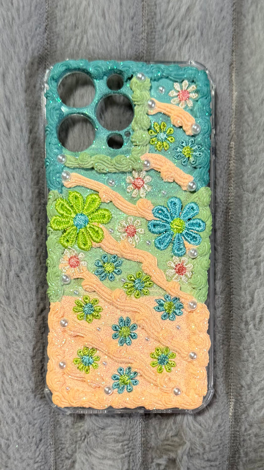 🌸 Pastel Bloom Cream Phone Case – Handmade Floral Embroidery & Pearls