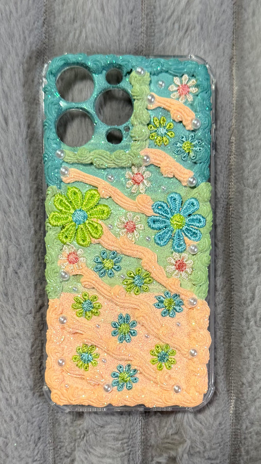 🌸 Pastel Bloom Cream Phone Case – Handmade Floral Embroidery & Pearls