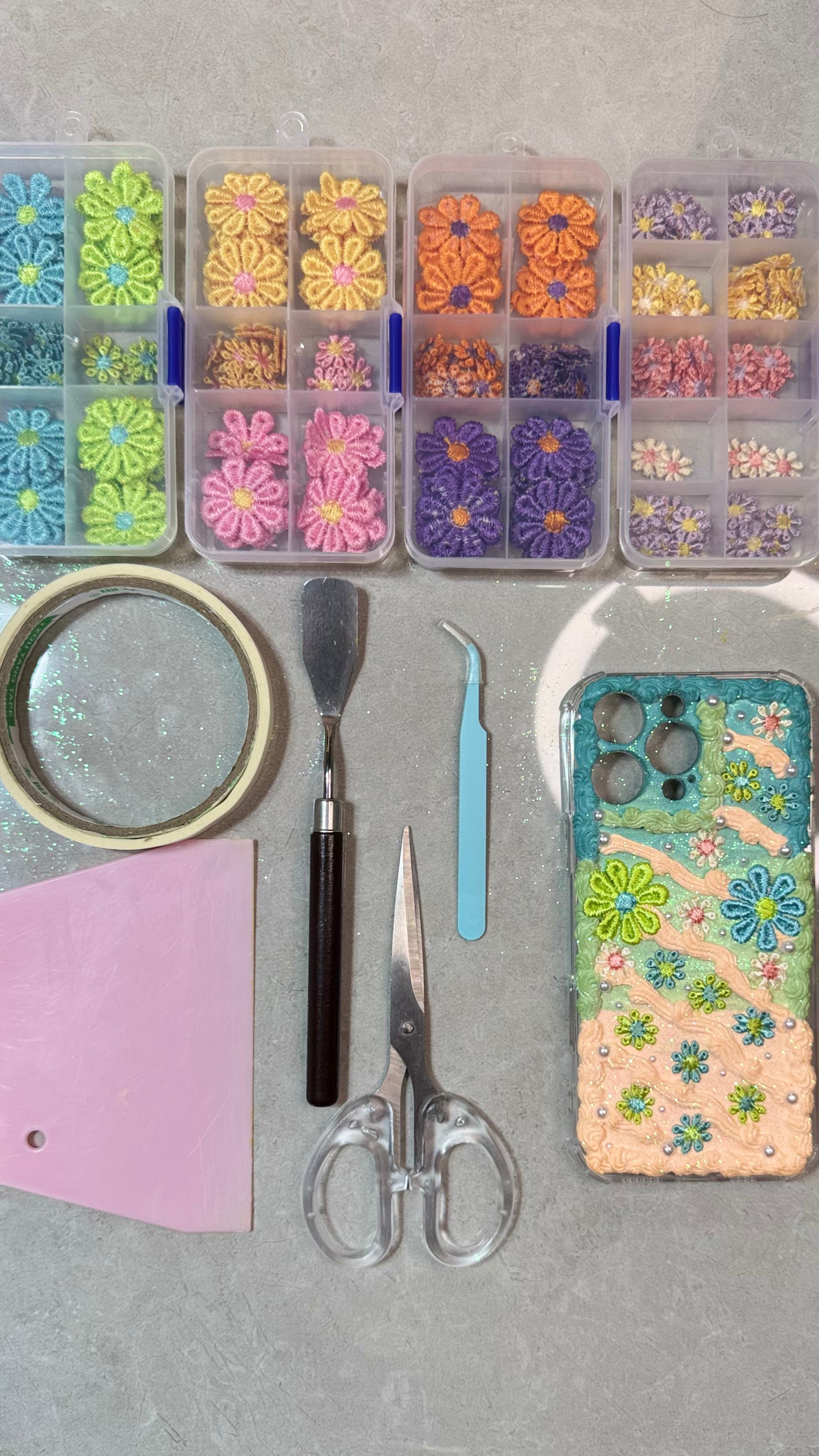 🌸 Pastel Bloom Cream Phone Case – Handmade Floral Embroidery & Pearls.materials