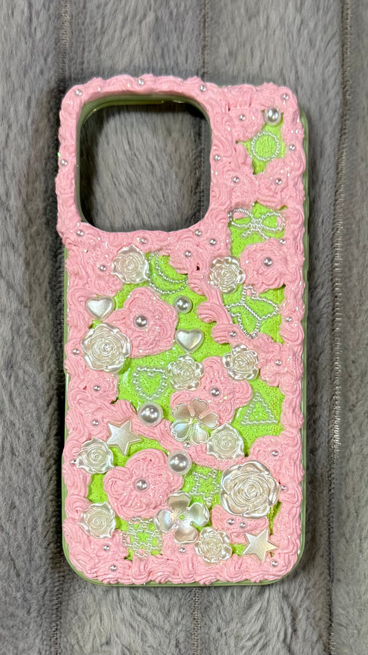 Pink Whipped Cream Floral Phone Case – Handmade Pearl & Rose Design.2
