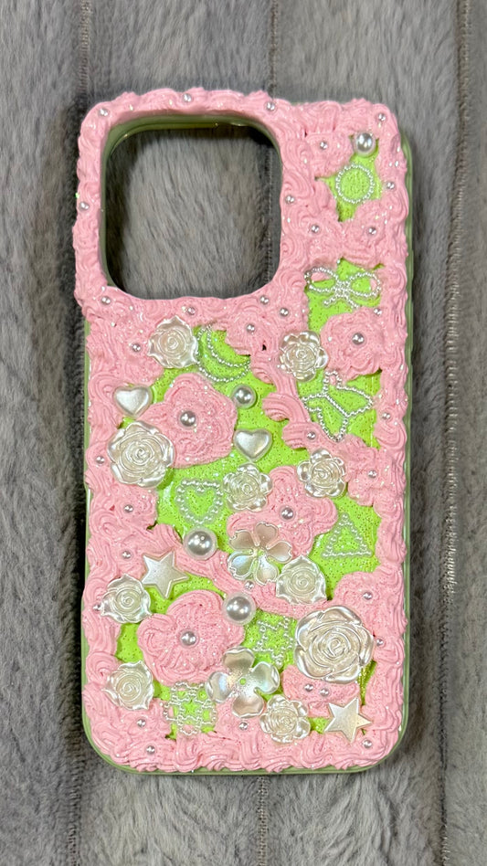 Pink Whipped Cream Floral Phone Case – Handmade Pearl & Rose Design