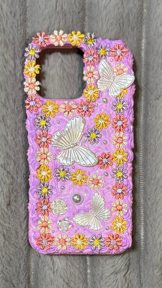 Purple Floral Whipped Cream Phone Case with Butterflies