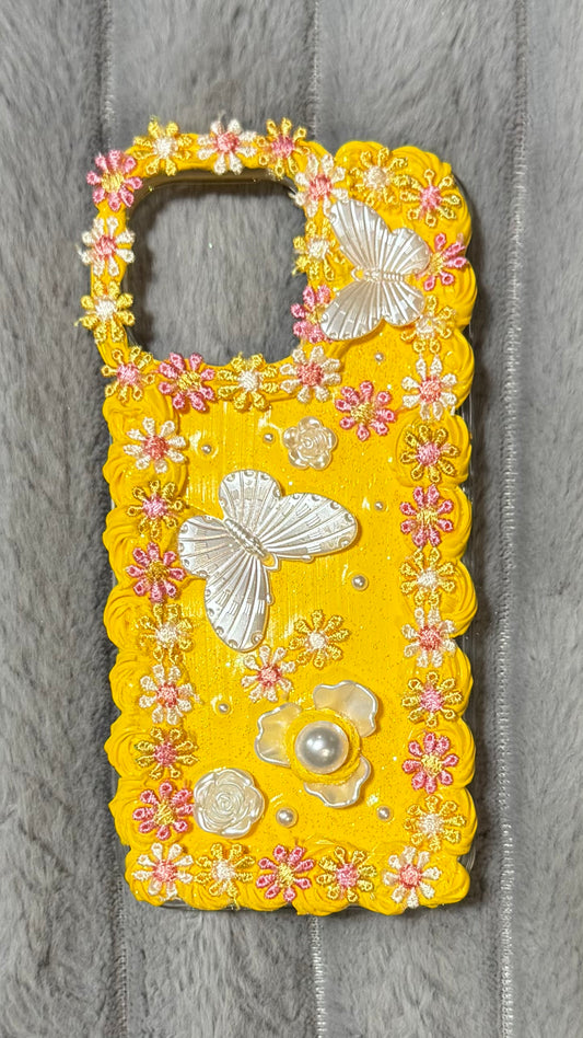 Sunny Bloom Butterfly Phone Case – Handmade Whipped Cream Art