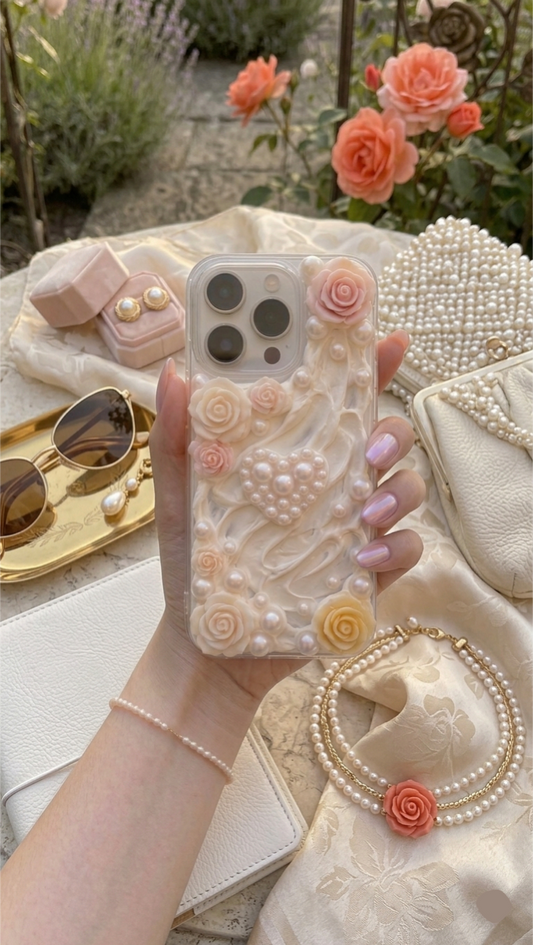 Vintage Pearl Heart & Rose 3D Decoden Case - Ivory