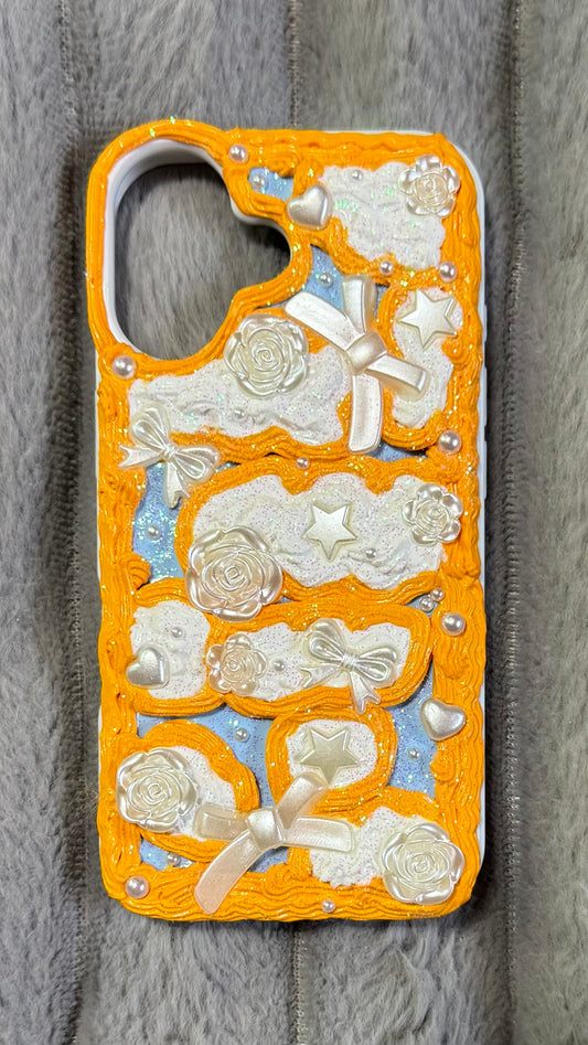 Whimsical Orange Dream | Handmade Pearl & Bow Cream Phone Case.2