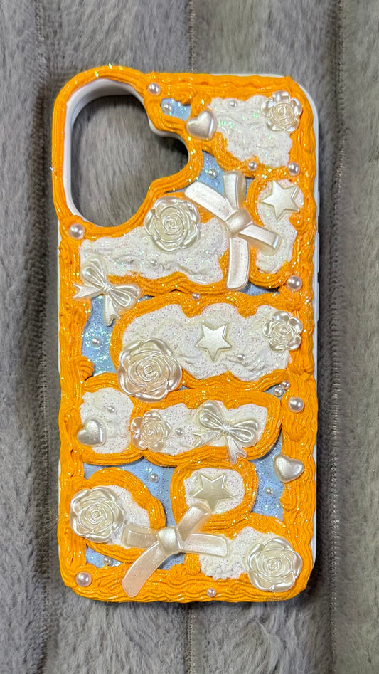 Whimsical Orange Dream | Handmade Pearl & Bow Cream Phone Case