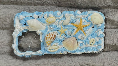 Handmade Blue & White Ocean-Inspired Whipped Cream Phone Case 🐚🌊
