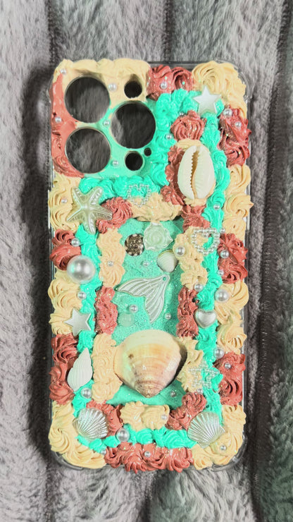 Handmade Ocean Theme Whipped Cream Phone Case – Seashells, Pearls & Mermaid Charm