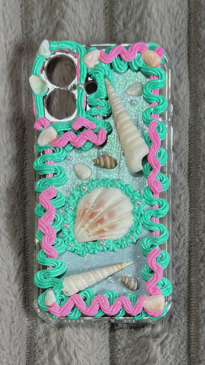 Handcrafted Teal & Pink Seashell Decoden Phone Case