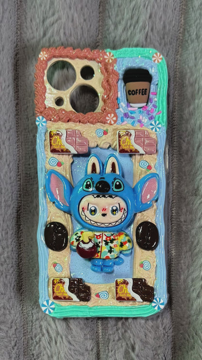 Handmade Labubu x Stitch Cream Phone Case | Pop Mart Artisan Cover for iPhone