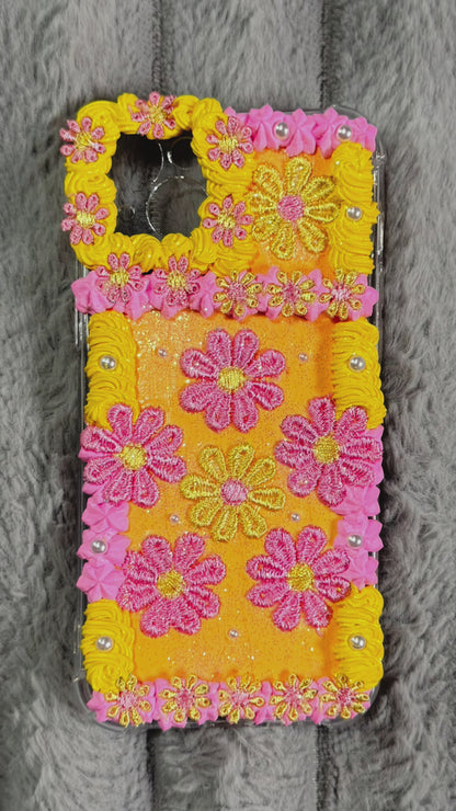 Handmade Y2K Floral Whipped Cream Phone Case – Pink & Yellow 3D Cute Aesthetic