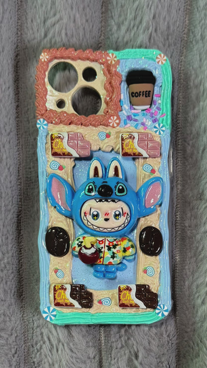 Handmade Labubu x Stitch Cream Phone Case | Pop Mart Artisan Cover for iPhone