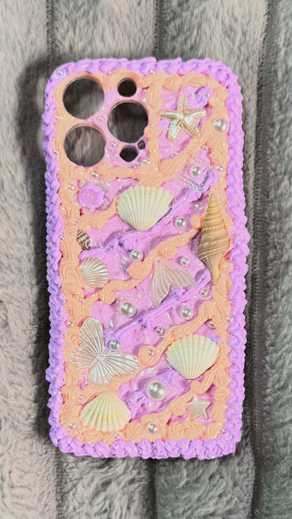 Handmade Ocean Fantasy Whipped Cream Phone Case – Peach & Lavender Seashell Design