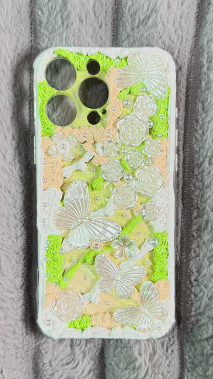 Handmade 3D Whipped Cream Floral Butterfly Phone Case – Pastel Green & Pearl White