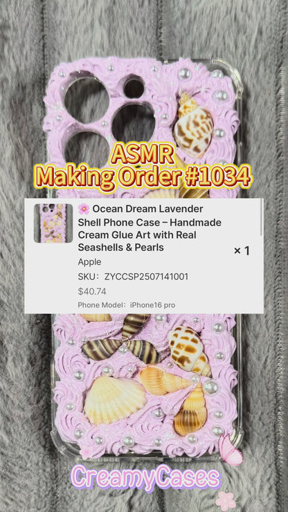 🌸 Ocean Dream Lavender Shell Phone Case – Handmade Cream Glue Art with Real Seashells & Pearls