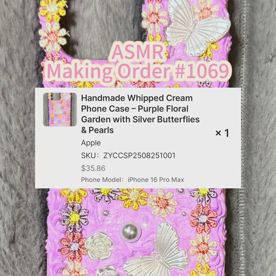 Handmade lilac whipped cream phone case with silver butterflies and flowers